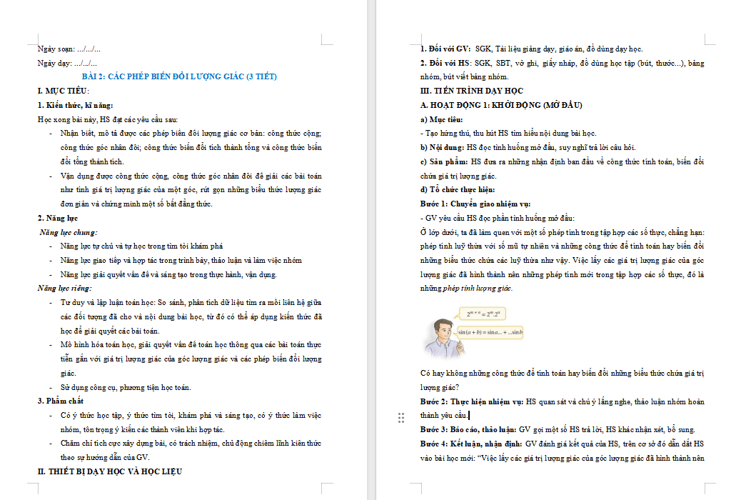 Các phép biến đổi lượng giác