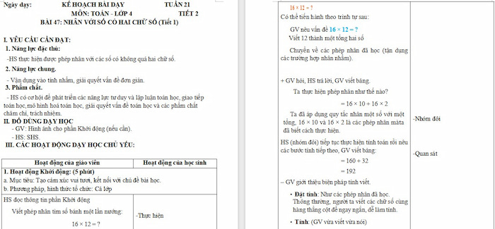 Giáo án Toán 4 Bài 47: Nhân với số có hai chữ số