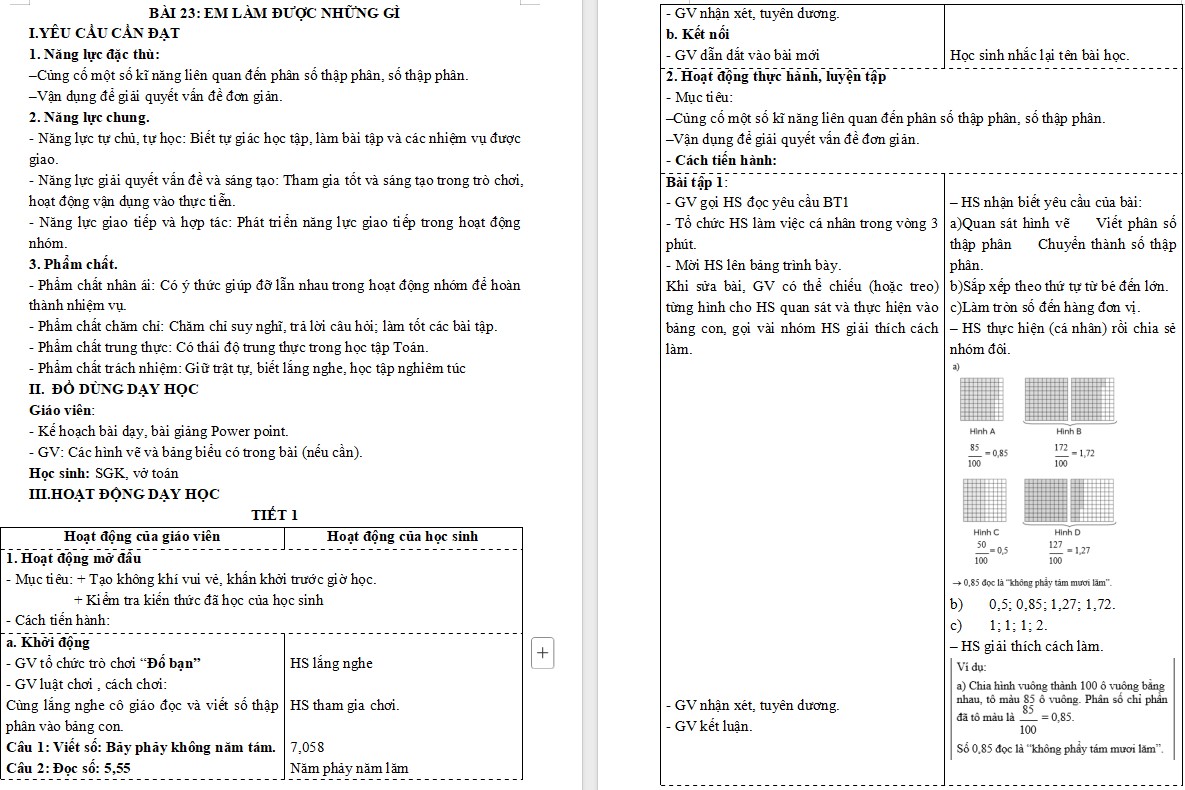 Giáo án Toán 5 CTST Bài Em làm được những gì trang 55