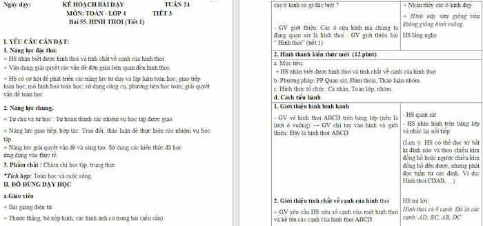 Giáo án Toán 4 Bài 55: Hình thoi