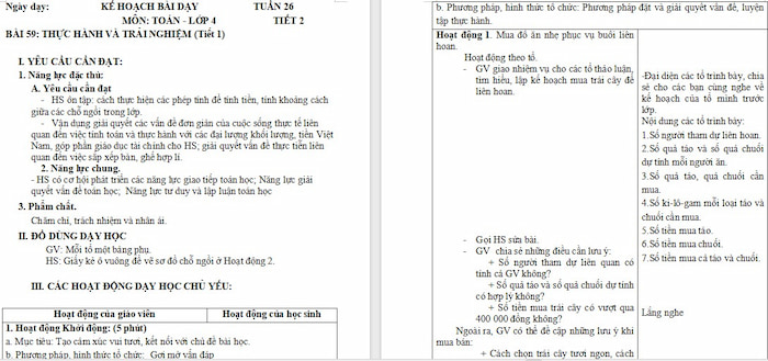 Giáo án Toán 4 Bài 59: Thực hành và trải nghiệm