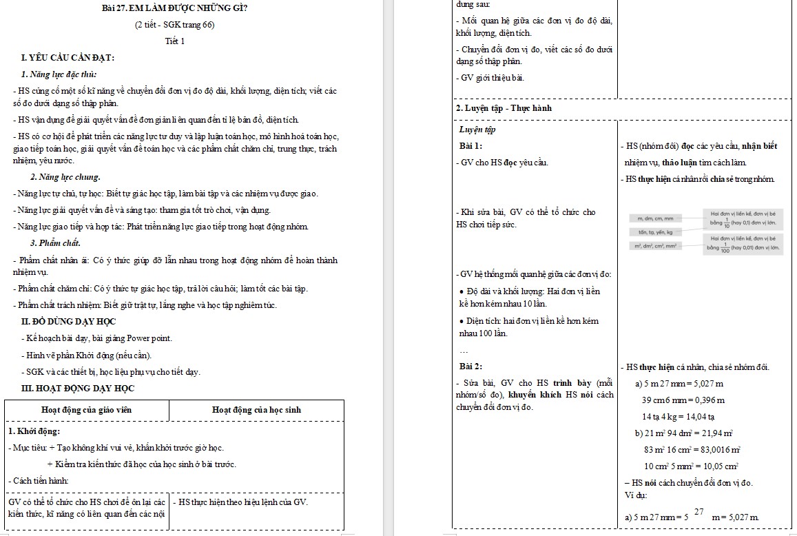 Giáo án Toán 5 CTST Bài Em làm được những gì trang 66