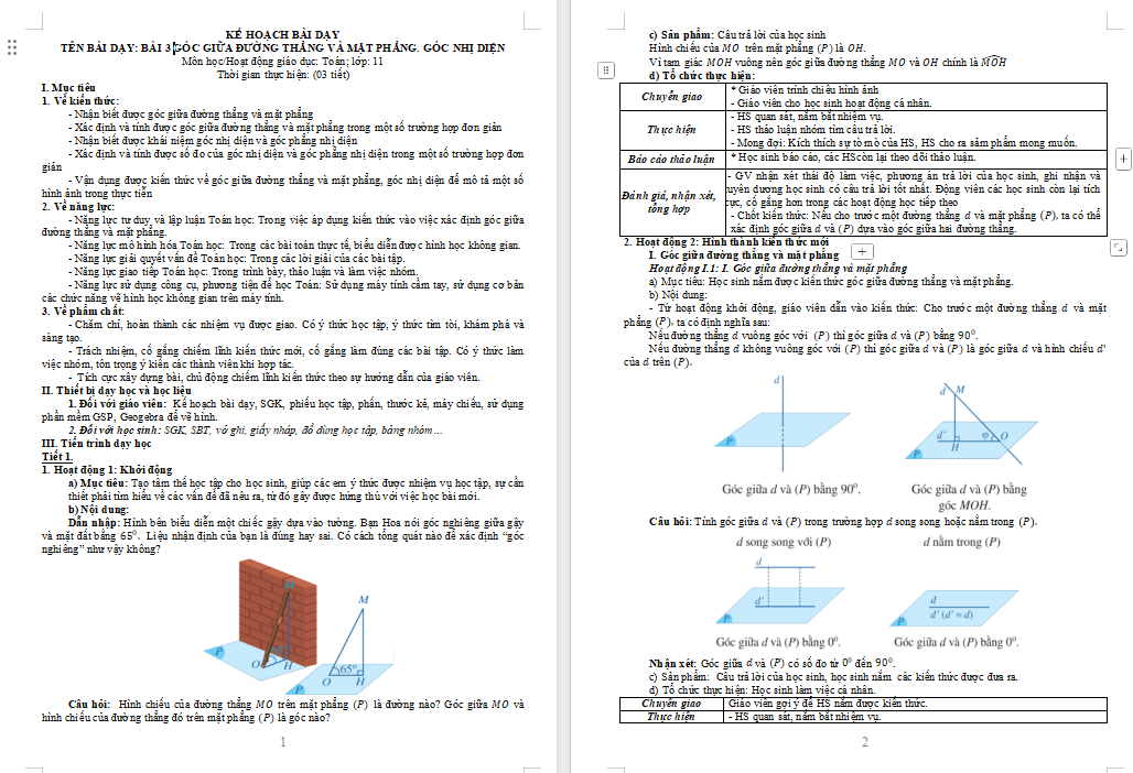 Góc giữa đường thẳng và mặt phẳng Góc nhị diện