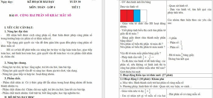 Giáo án Toán 4 Bài 69: Cộng hai phân số khác mẫu số