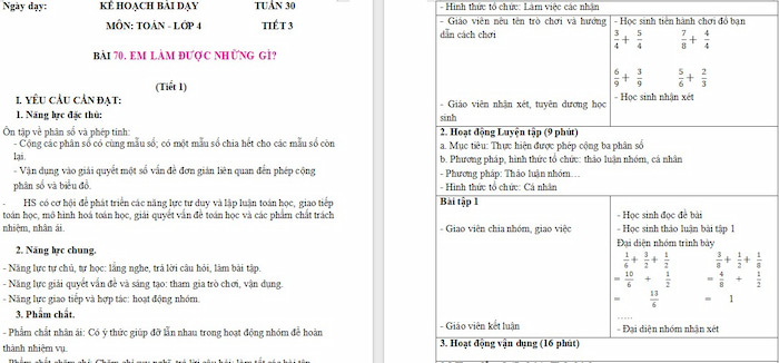 Giáo án Toán 4 Bài 70: Em làm được những gì?