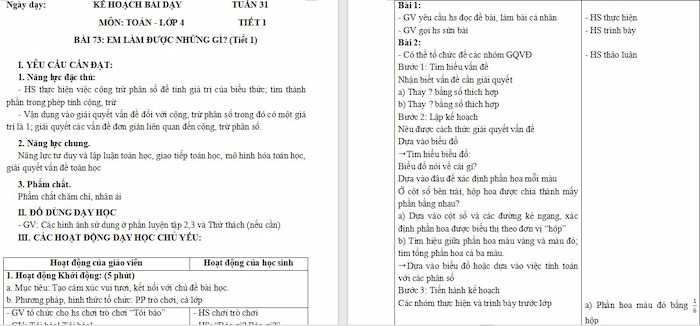 Giáo án Toán 4 Bài 73: Em làm được những gì?