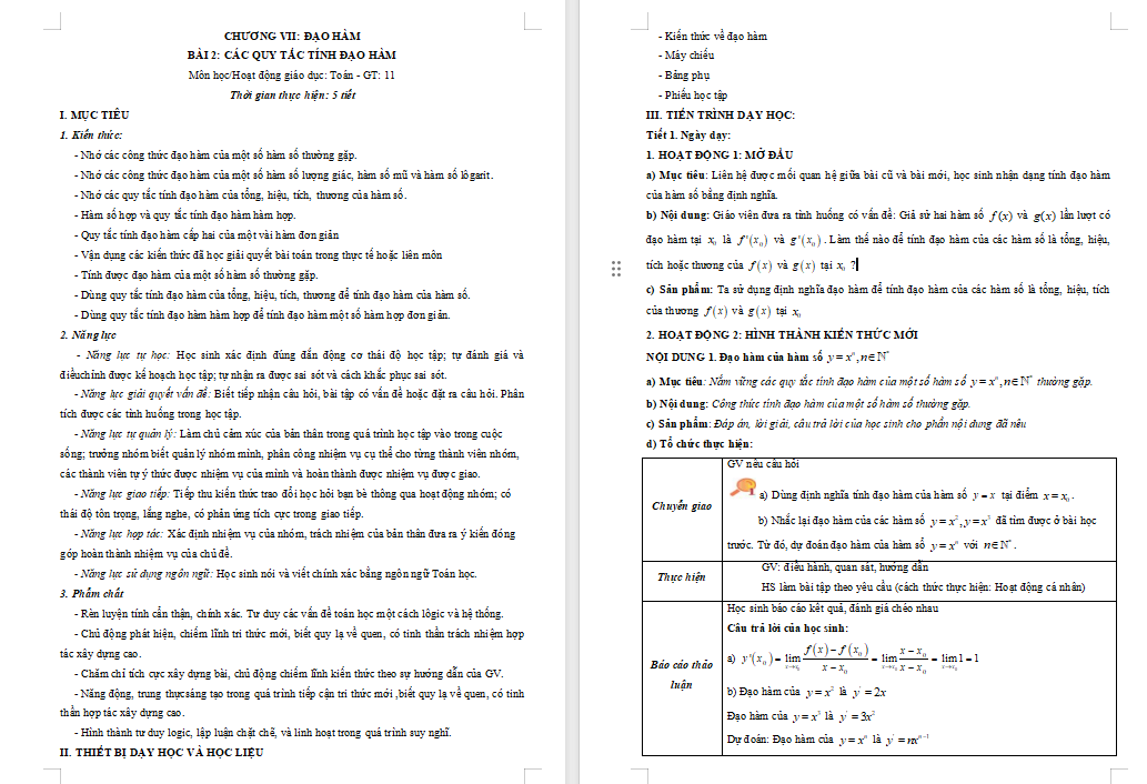 Các quy tắc tính đạo hàm