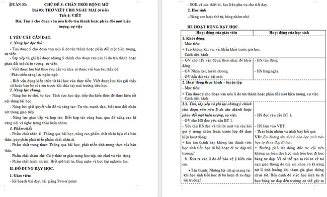 Giáo án Tiếng Việt 5 Tìm ý cho đoạn văn nêu lí do tán thành hoặc phản đối một hiện tượng, sự việc