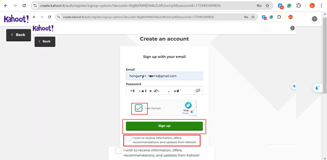 Bấm đồng ý với các điều khoản sử dụng của Kahoot!