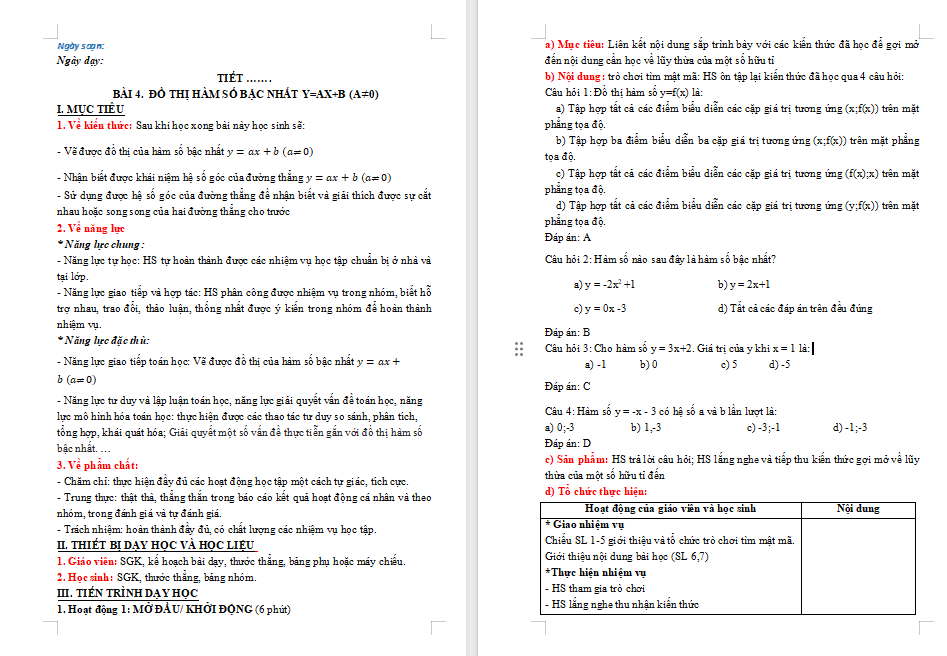 Giáo án PowerPoint Toán 8 Bài 4: Đồ thị của hàm số bậc nhất y = ax + b