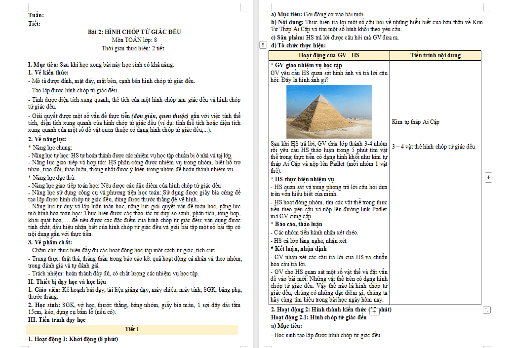 Giáo án PowerPoint Toán 8 Bài 2: Hình chóp tứ giác đều