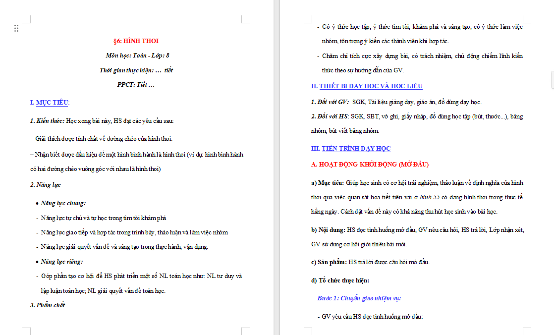 Giáo án PowerPoint Toán 8 Bài 6: Hình thoi