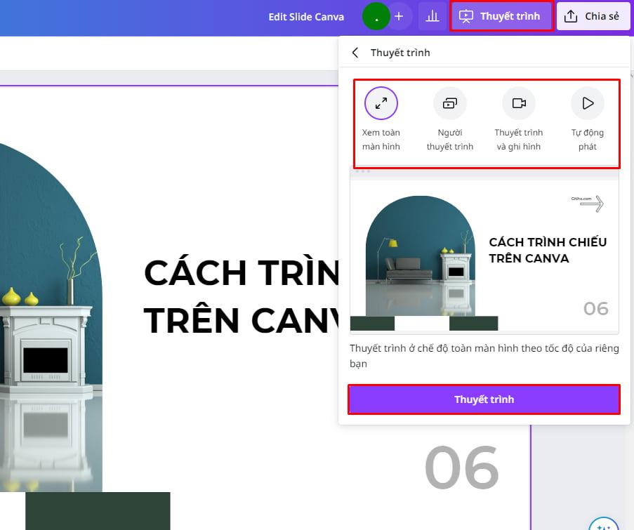 Cách trình chiếu trên Canva