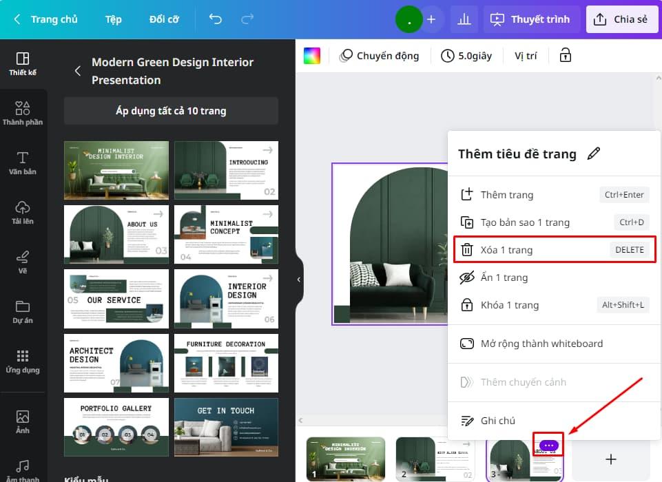 Xóa một trang slide trên Canva