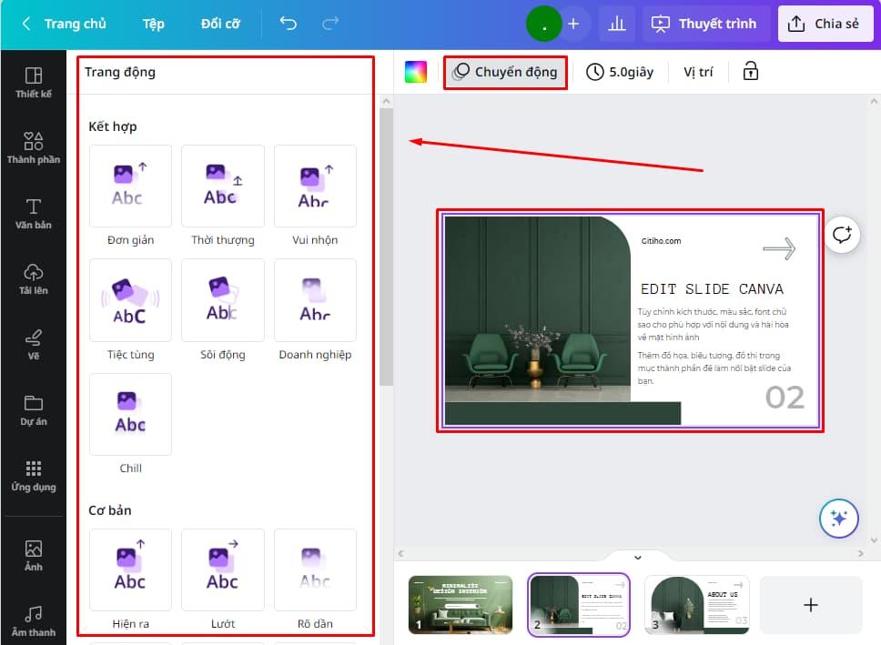 Tạo hiệu ứng và chuyển động cho slide trên Canva