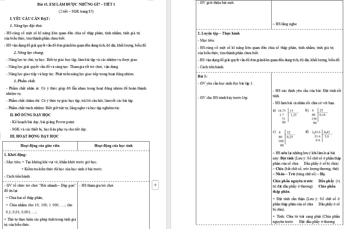 Giáo án Toán 5 CTST Bài Em làm được những gì trang 85