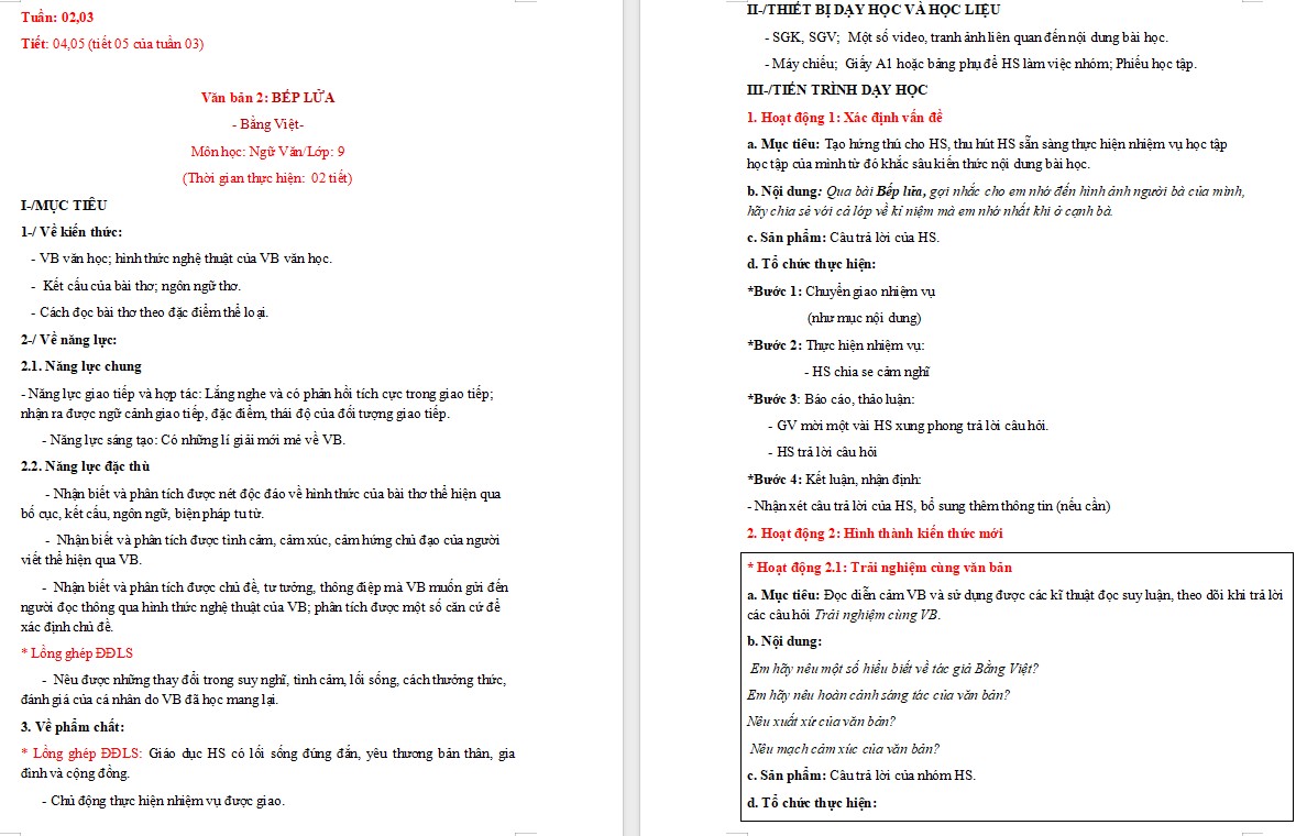 KHBD Bài Bếp lửa Ngữ văn 9 CTST