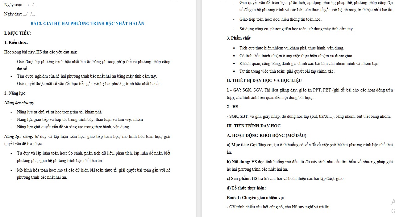 Giáo án Toán 9 Cánh Diều Bài Giải hệ hai phương trình bậc nhất hai ẩn