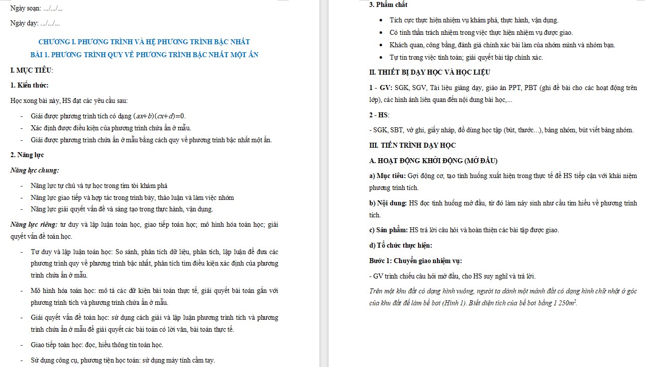 Giáo án Toán 9 Cánh Diều Bài Phương trình quy về phương trình bậc nhất một ẩn