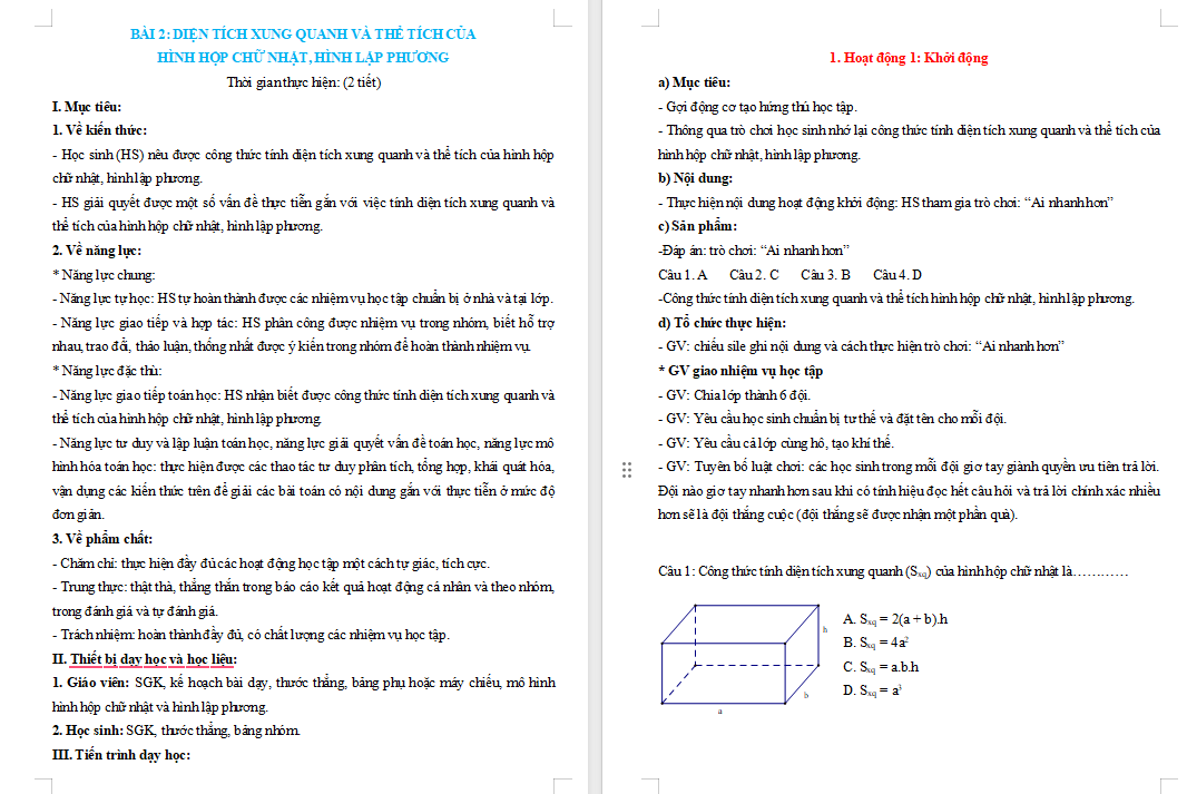 Diện tích xung quanh và thể tích của hình hộp chữ nhật hình lập phương