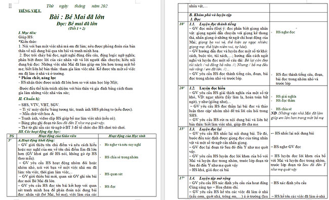 Giáo án Tiếng Việt 2 Đọc Bé Mai đã lớn