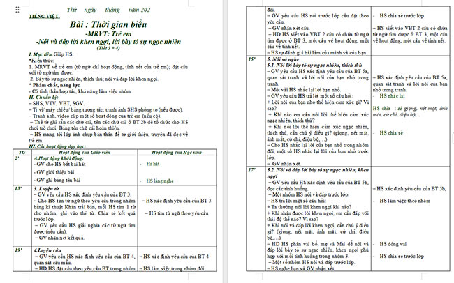 Giáo án Tiếng Việt 2 Nói và đáp lời bày tỏ sự ngạc nhiên, lời khen ngợi