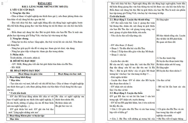 Giáo án Tiếng Việt 3 Lắng nghe những ước mơ