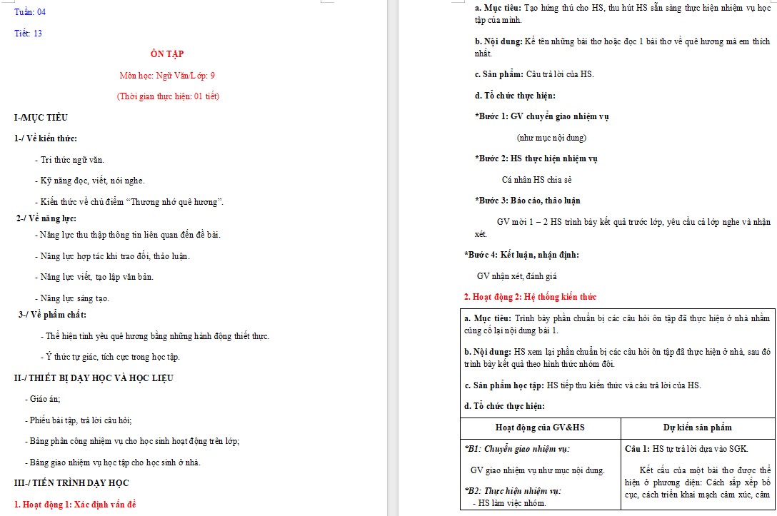 KHBD Ngữ văn 9 Bài Ôn tập Bài 1 CTST 