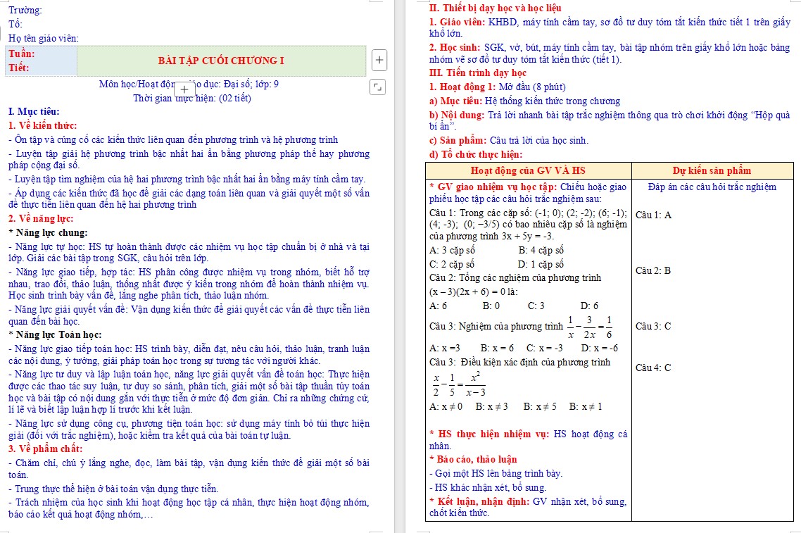 Giáo án Toán 9 Cánh Diều Bài tập cuối chương I