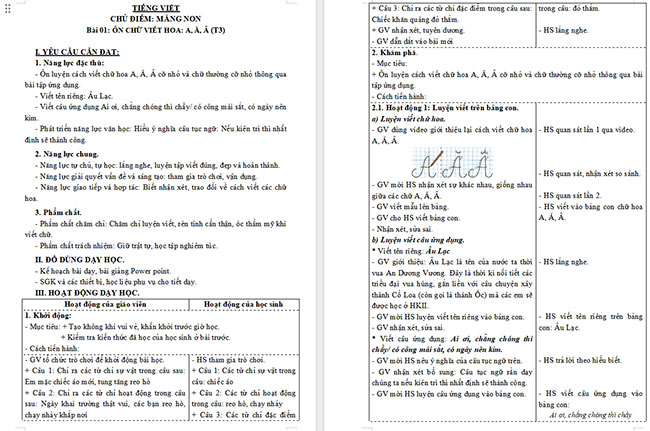 Giáo án Tiếng Việt 3 Ôn chữ viết hoa A, Ă, Â