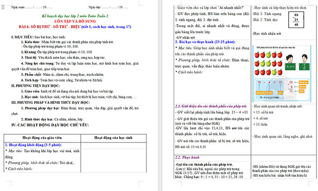 Giáo án Toán 2: Số bị trừ - Số trừ - Hiệu