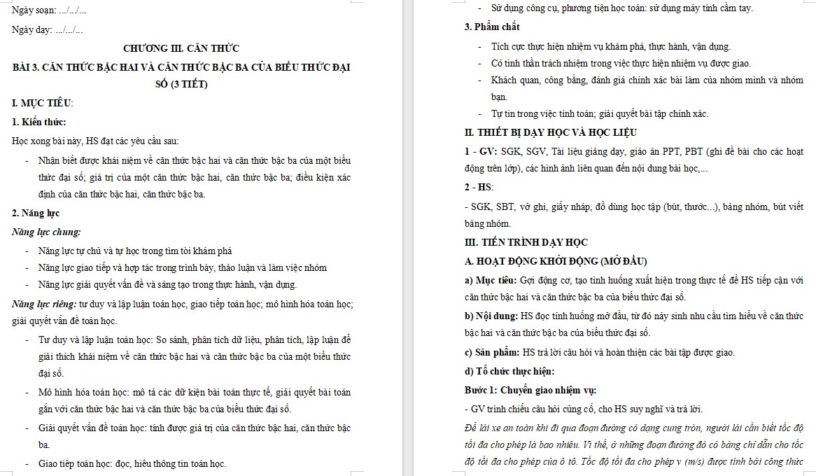 Giáo án Toán 9 Cánh Diều Bài Căn thức bậc hai và căn thức bậc ba của biểu thức đại số