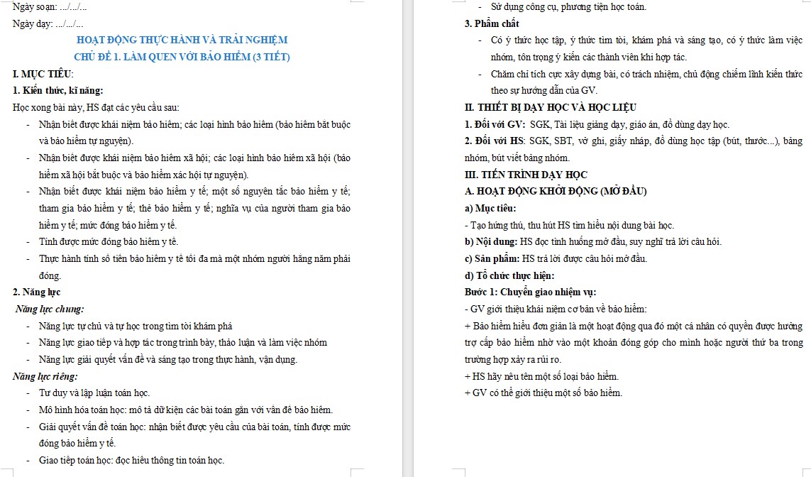 Giáo án Toán 9 Cánh Diều Bài Làm quen với bảo hiểm