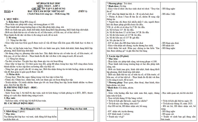 Giáo án Toán 2: Em làm được những gì trang 34