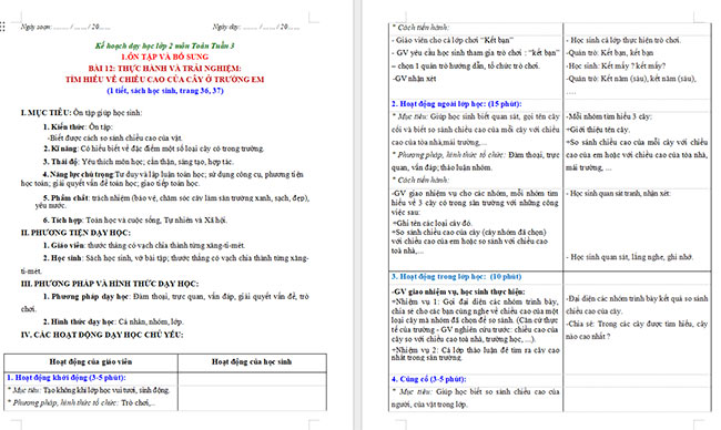 Giáo án Toán 2: Tìm hiểu về chiều cao của cây ở trường em