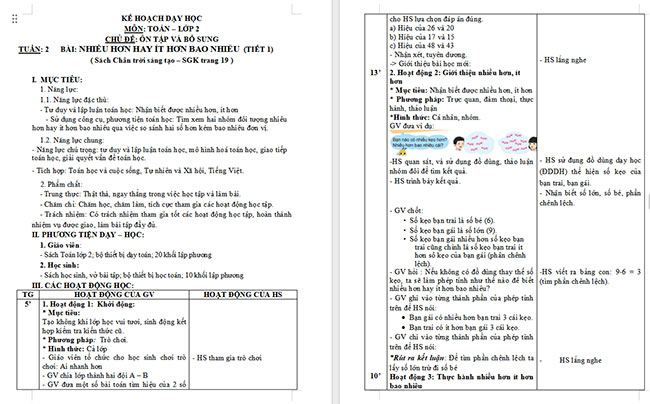 Giáo án Toán 2: Nhiều hơn hay ít hơn bao nhiêu