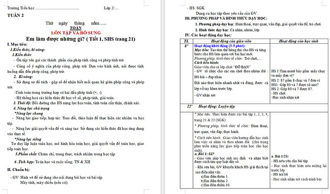 Giáo án Toán 2: Em làm được những gì trang 21
