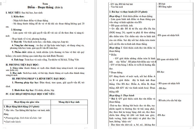 Giáo án Toán 2: Điểm - Đoạn thẳng