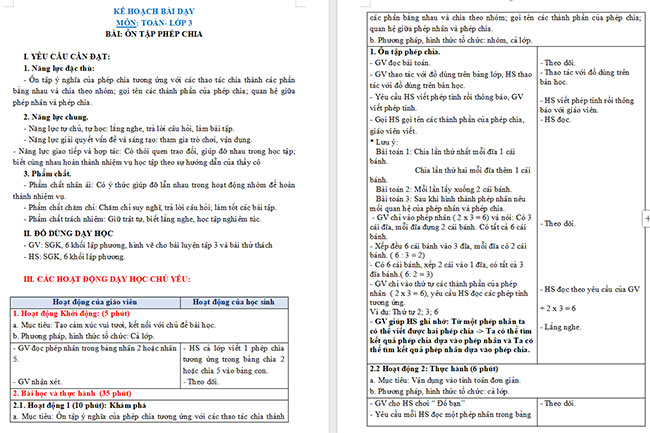 Giáo án Toán 3: Ôn tập phép chia