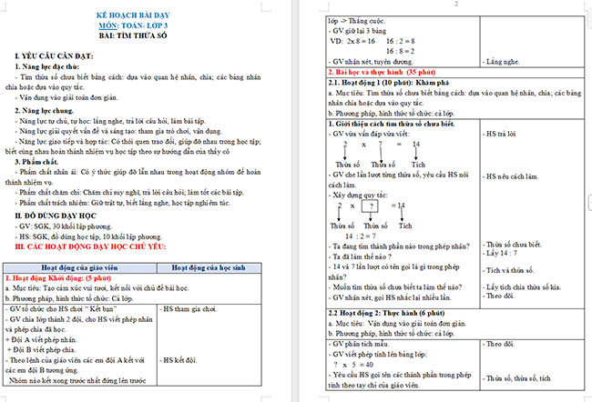 Giáo án Toán 3: Tìm thừa số