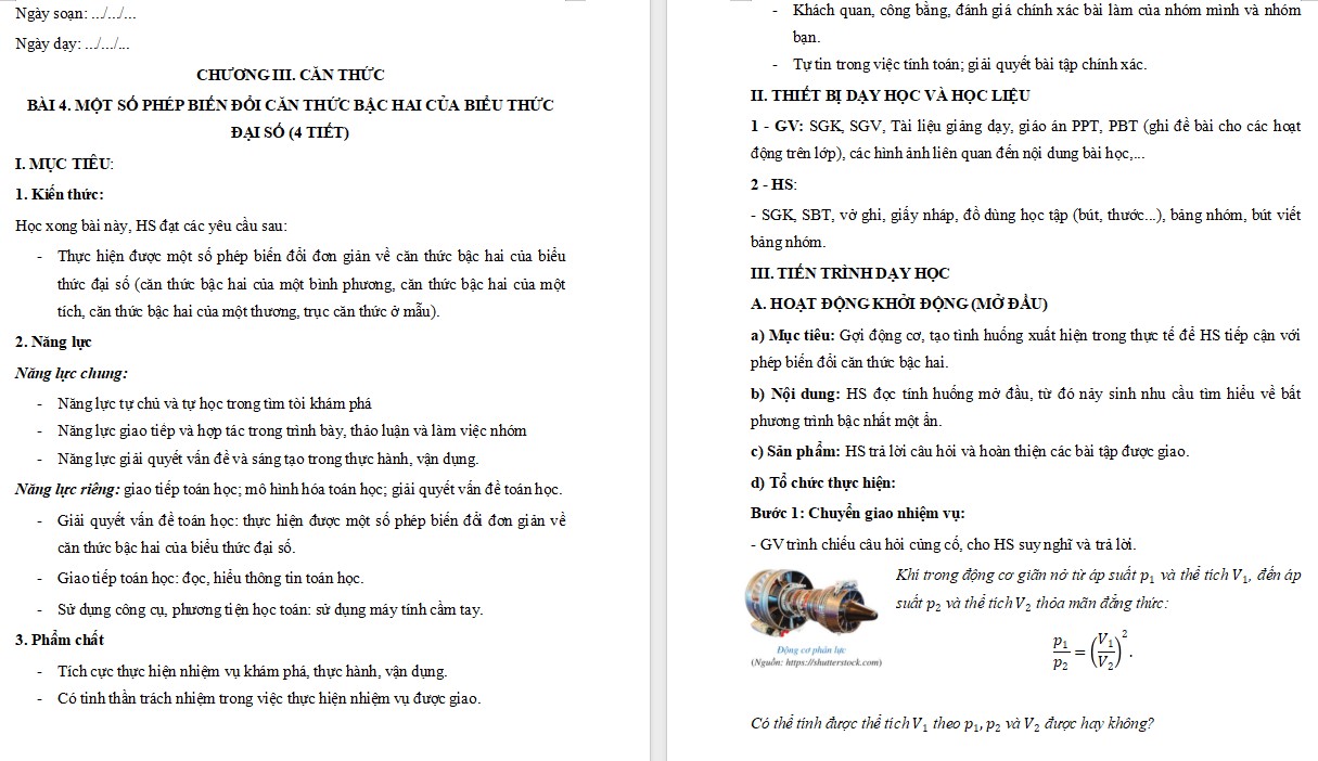 Giáo án Toán 9 Cánh Diều Một số phép biến đổi căn thức bậc hai của biểu thức đại số