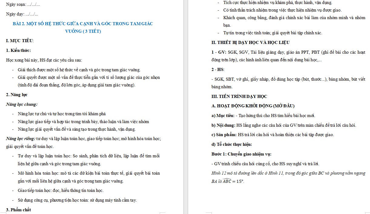 Giáo án Toán 9 Cánh Diều Một số hệ thức về cạnh và góc trong tam giác vuông