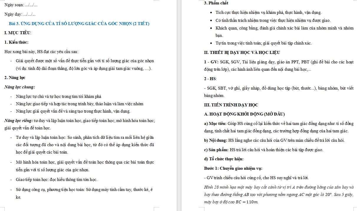 Giáo án Toán 9 Cánh Diều Ứng dụng của tỉ số lượng giác của góc nhọn