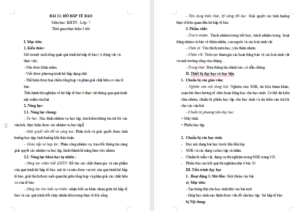 Giáo án Khoa học tự nhiên 7 Bài 21