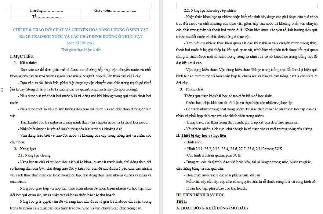 Giáo án Khoa học tự nhiên 7 Bài 25