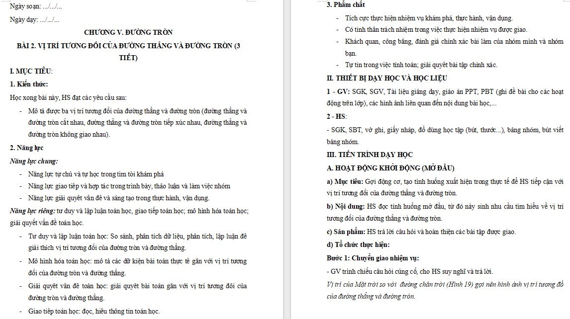 Giáo án Bài Vị trí tương đối của đường thẳng và đường tròn Toán 9 Cánh Diều