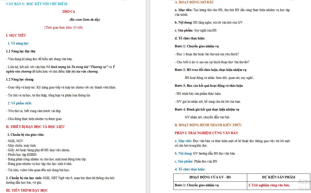 KHBD Ngữ văn 9 Bài Thơ ca CTST