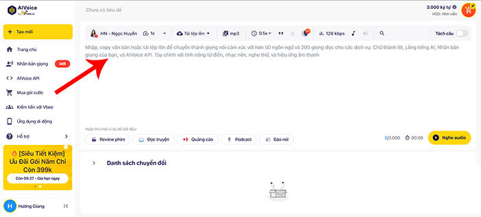 Nhập hoặc dán văn bản muốn chuyển đổi thành giọng nói