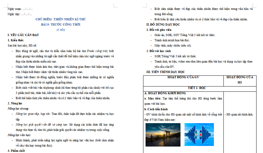 Giáo án Tiếng Việt lớp 5 Bài 9: Trước cổng trời