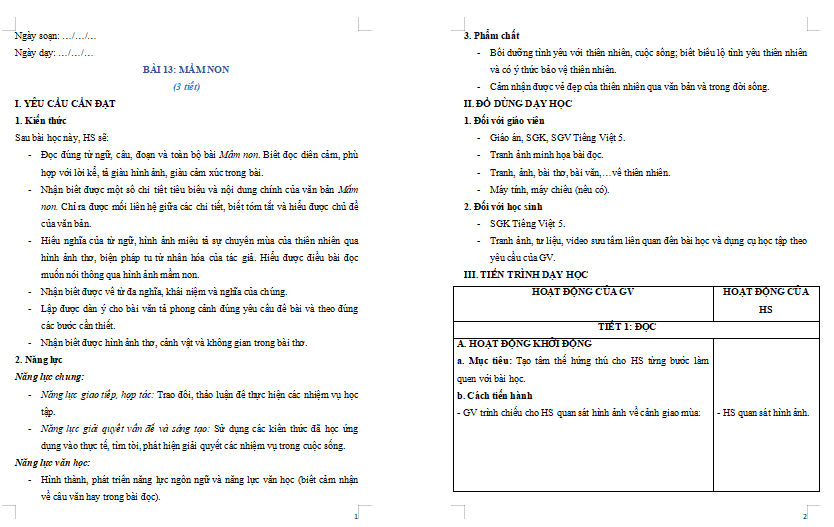 Giáo án Tiếng Việt lớp 5 Bài 13: Mầm non